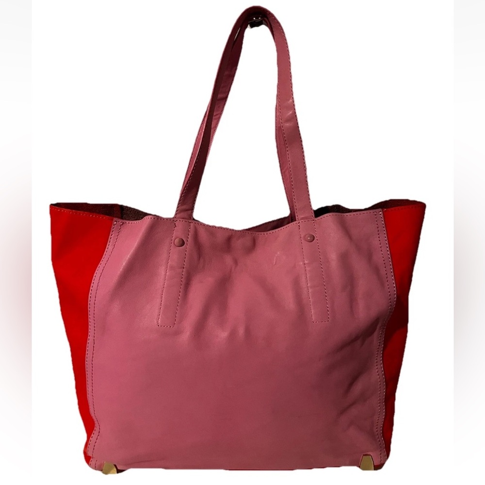 Loeffler Randall  Genuine Leather Pink & Neon Orange Colorblock Medium Tote Bag